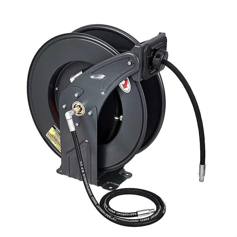 Photo 1 of AmazonCommercial Grease Hose Reel Retractable Heavy Duty 1/4" x 50' Premium SAE.100R2AT High Pressure Hose Max 5800 PSI,Squid Ink, Daisy,17.5x8.5x19.8
