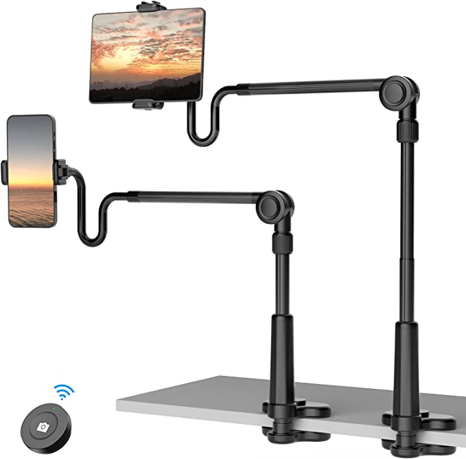 Photo 1 of 4.6"-11" Phone & Tablet Bed Holder with wireless remote,gooseneck Cellphone Stand Long arm,Flexible Overhead Mount clamp Clip for Desk Bedside headboard, Recording Filming, for iPhone/iPad/Tablet
