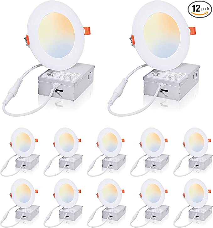 Photo 1 of 12 Pack 4 Inch 5CCT Ultra-Thin LED Recessed Ceiling Light with Junction Box,2700K/3000K/3500K/4000K/5000K,9W 85W Eqv,Dimmable Canless Wafer Downlight,750lm High Brightness - IC Rated,ETL,Energy Star
