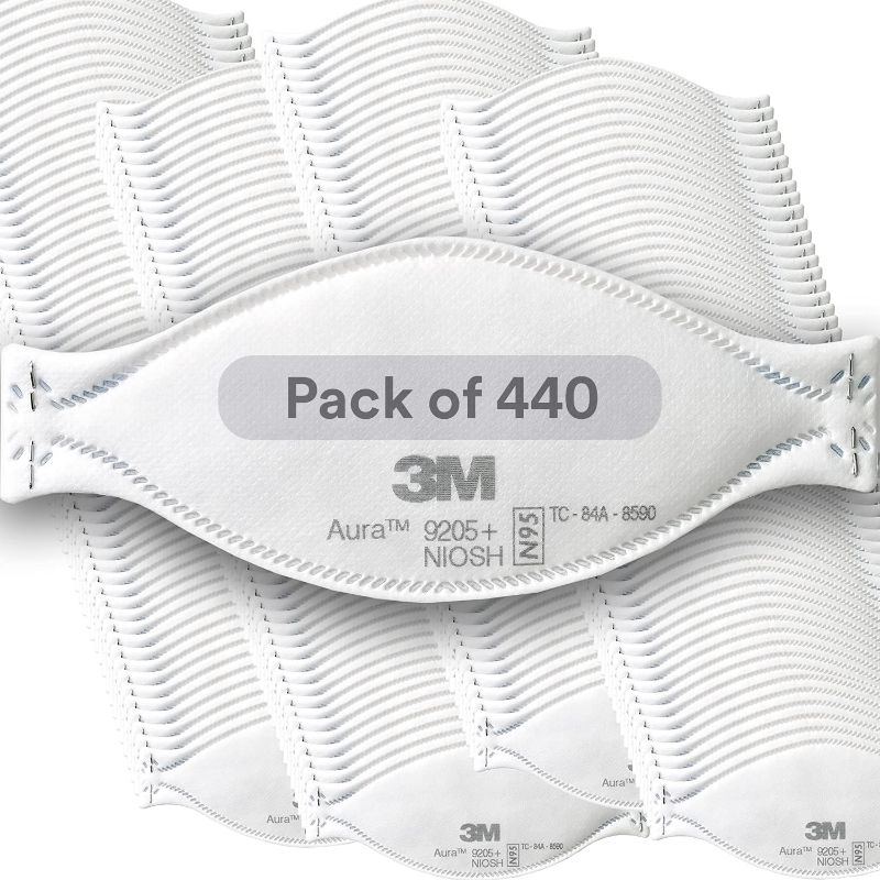 Photo 1 of 3M Aura Particulate Respirator 9205+, N95, Pack of 440 Disposable Respirators, Individually Wrapped, 3 Panel Flat Fold Design Allows for Facial Movements, Comfortable, NIOSH Approved
