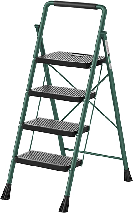 Photo 1 of 4 Step Ladder, RIKADE Folding Step Stool, Step Stool with Wide Anti-Slip Pedal, Lightweight, Portable Folding Step Ladder with Handgrip, Multi-use Steel Ladder for Household and Office
