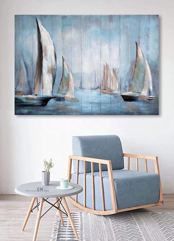 Photo 1 of Wooden Framed Boat Canvas Prints Wall Art for Home, Hand Painted Ocean Beach Landscape, Modern Blue Oil Paintings on Canvas for Living Room, Stretched and Framed Ready to Hang 40x28Inch
