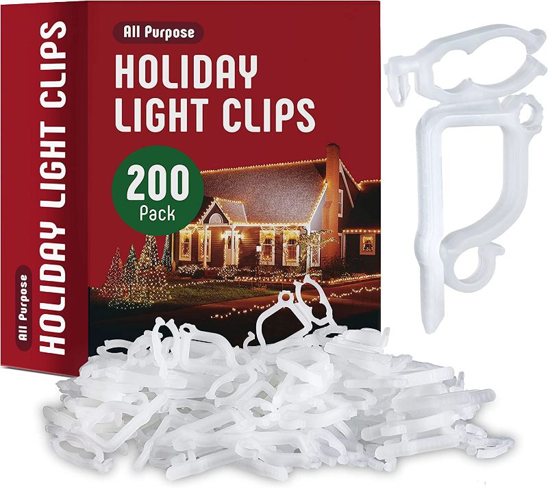 Photo 1 of All-Purpose Holiday Light Clips [Set of 200] Christmas Light Clips, Outdoor Light Clips - Mount to shingles & gutters - Works with Mini, C6, C7, C9, Rope, Icicle Lights - No tools required - USA Made
