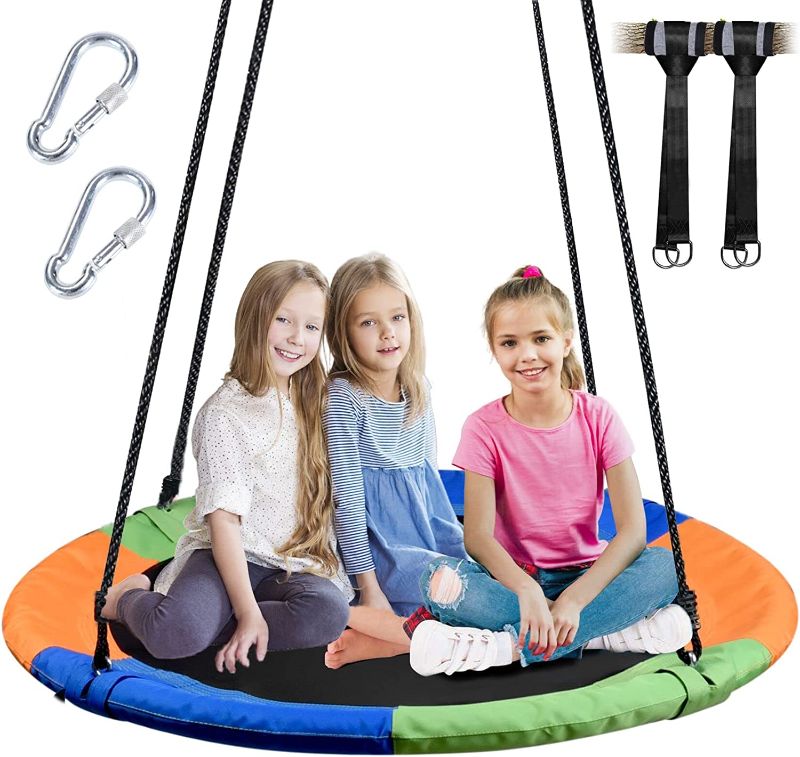 Photo 1 of Saucer Tree Swing for Kids, 40 Inch Tree Swing with Hanging Straps Kit Holds, Tree Protector and Adjustable Straps, Tree Disc Swing for Kids Outdoor
