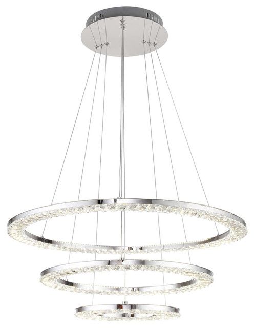 Photo 1 of 3-Tier Clear Crystal Ring LED Light Fixture, Chrome Stainless Steel Frame
