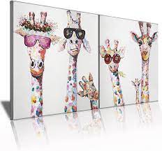 Photo 1 of AKOTAC Colorful Animals Canvas Wall Art Funny Giraffes Painting Picture Artwork Poster Prints for Kids Bedroom Room Wall Decor Gifts for Boy and Girl(Cute giraffe, 32inchx16inch)
