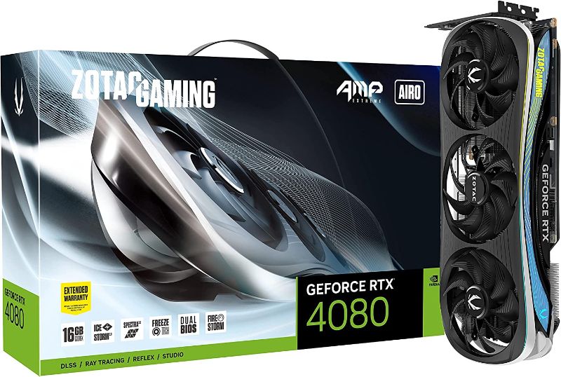 Photo 1 of ZOTAC Gaming GeForce RTX 4080 16GB AMP Extreme AIRO GDDR6X 256-bit 22.4 Gbps PCIE 4.0 Graphics Card, IceStorm 2.0 Advanced Cooling, Spectra 2.0 RGB Lighting, ZT-D40810B-10P --- Item is New, Opened for Inspection
