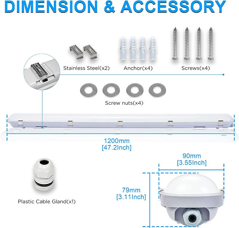 Photo 1 of 4FT LED Vapor Tight Light, 40W 4400 Lumens LED Vapor Proof Light, [100W Equivalent] 5000K, IP65 Warerproof, 100-277VAC, 0-10V Dimmable, Led Light for Garage Workshop Car Park Warehouse (4-Pack)
