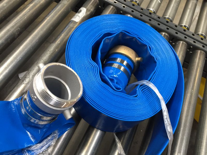 Photo 2 of 3" x 50' Blue PVC Backwash Hose for Swimming Pools, Heavy Duty Discharge Hose Reinforced Pool Drain Hose with Aluminum Pin Lug Fittings PVC-Aluminum-Brass 3 in x 50 ft