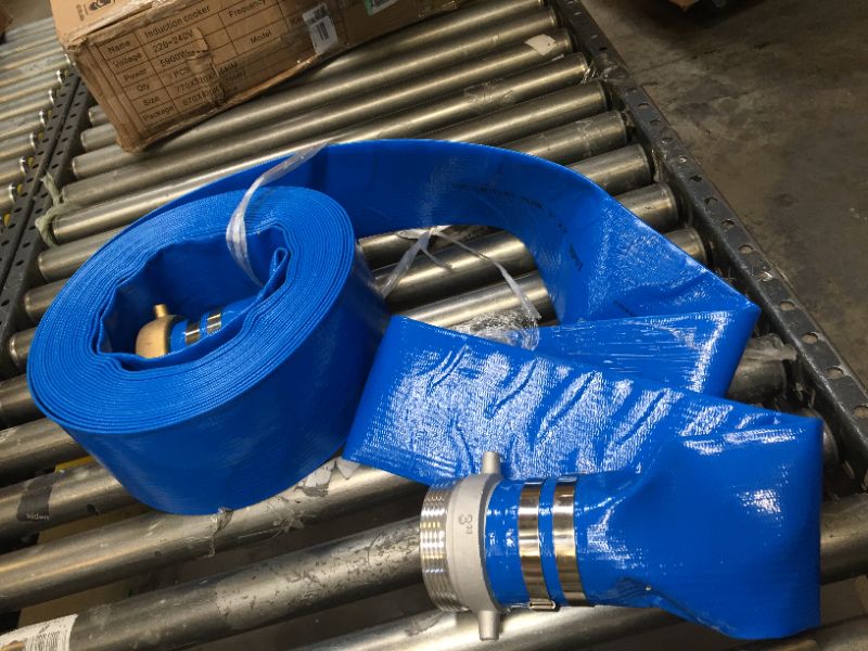 Photo 3 of 3" x 50' Blue PVC Backwash Hose for Swimming Pools, Heavy Duty Discharge Hose Reinforced Pool Drain Hose with Aluminum Pin Lug Fittings PVC-Aluminum-Brass 3 in x 50 ft