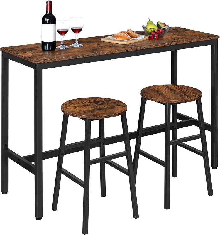 Photo 1 of ALLOSWELL Bar Table Set, Narrow Bar Table with 2 Bar Stools, 47.2” Rectangular Pub Bar Table and Chairs Set, Sturdy Metal Frame, for Living Room, Party Room, Easy Assembly, Rustic Brown BTHR2001  --- Box Packaging Damaged, Moderate Use, Scratches and Scuf