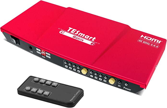 Photo 1 of TESmart 4x2 HDMI Matrix Switch Splitter, 4K@60Hz HDMI Switcher Box, 4 in 2 Out with IR Remote Controller Supports HDCP 18Gbps, Ultra HD 4K x 2K, 3D, 1080p, EDID, HDR Dolby Vision (Red)
