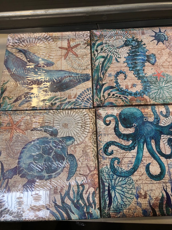 Photo 2 of Bathroom Decor Wall Art Beach Sea Turtle Wall Decor Ocean Nautical Bathroom Pictures Octopus Canvas Painting Bedroom Art Teal Bathroom Accessories Coastal Themed Kitchen Home Decorations 12x12" 4 Pcs/Set 12x12in Teal Sea Turtle