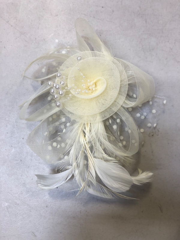 Photo 2 of DRESHOW Fascinators Hat Flower Mesh Ribbons Feathers on a Headband and a Clip Tea Party Headwear for Girls and Women 7" Diameter / Beige