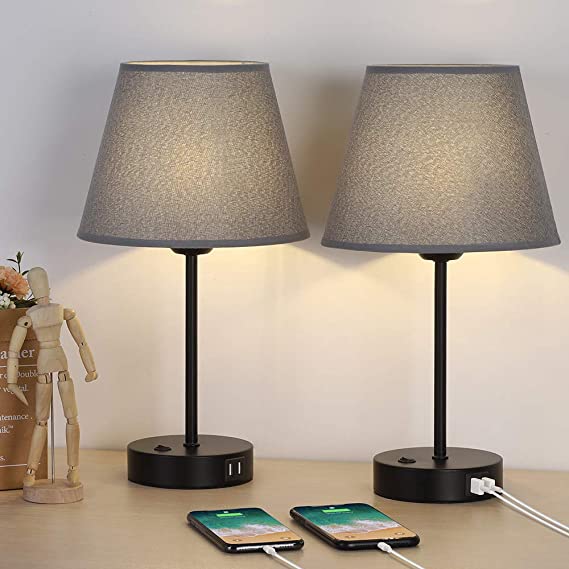 Photo 1 of  Bedside Table Lamps with Dual USB Charging Ports, Set of 2 Modern Lamps with Gray Fabric Shade, Stylish Desk Lamp for Bedroom Living Room Study Room Office- cOLOR: gREY