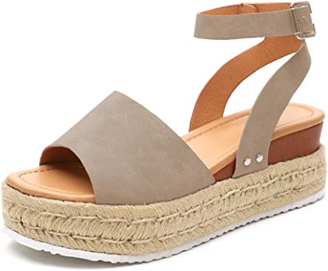 Photo 1 of Athlefit Women's Espadrille Wedge Sandals Ankle Strap Buckle Platform Sandals Size 40 Khaki