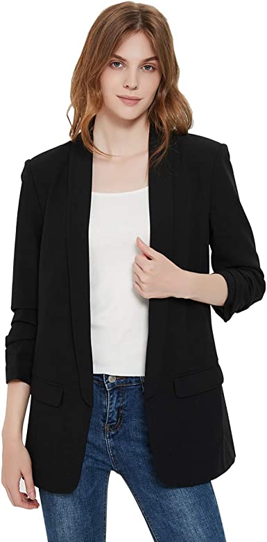 Photo 1 of Charis Allure Womens 3/4 Ruched Sleeve Blazer Jacket Lightweight Work Office Open Front Solid Coat, Black SIZE XL