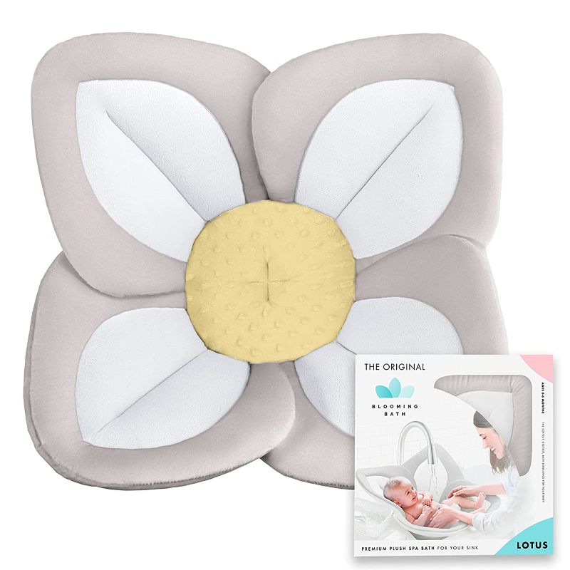 Photo 1 of Blooming Bath Lotus Bath Pad - Plush Minky Baby Sink Bathtub Cushion - The Original Washer-Safe Flower Seat for Newborns - Gray/White/Yellow
