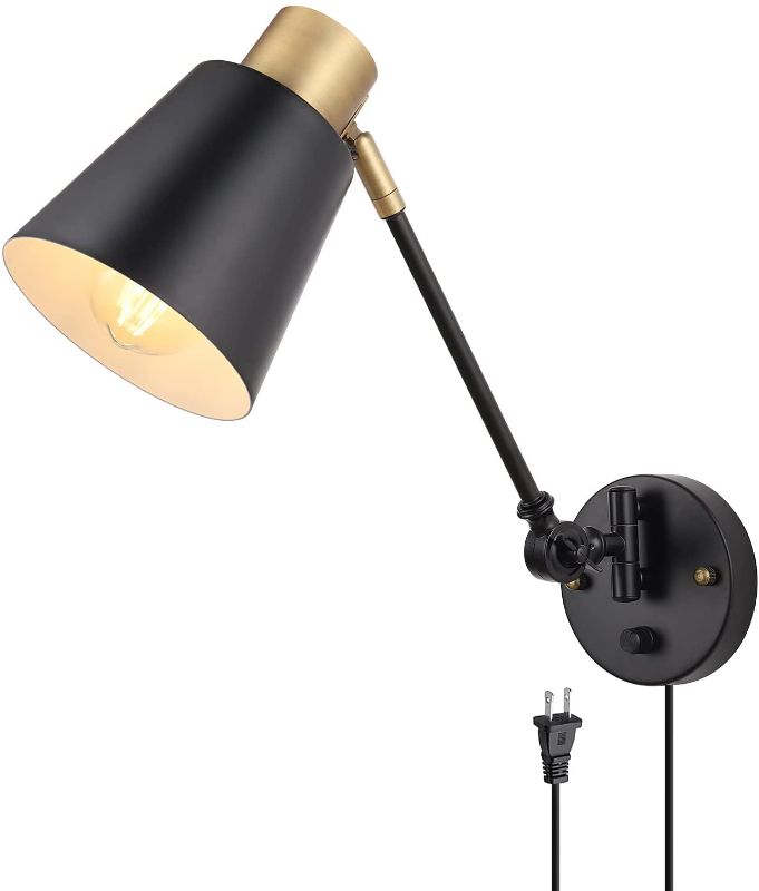 Photo 1 of ENCOMLI Dimmable Wall Lamp with Plug in Cord, Plug in Wall Sconces, Swing Arm Sconces Wall Lighting with On Off Switch, Metal Black Brass Industrial Wall Sconce Plug in Wall Light, E26 Base
