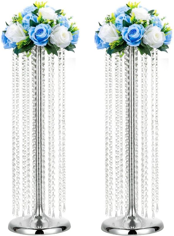 Photo 1 of 2Pcs 27.5in Tall Metal Wedding Flower Stand Wedding vases, Elegant Wedding Decor Flower Centerpiece Road Leads with Chandelier Acrylic Crystal Weddings Decoration Centerpiece Stands

