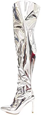 Photo 1 of 6.5 Women -- Arqa Women's Over The Knee High Metallic Leather Boots Stiletto Heel Pointed Toe Thigh High Boot with Zipper