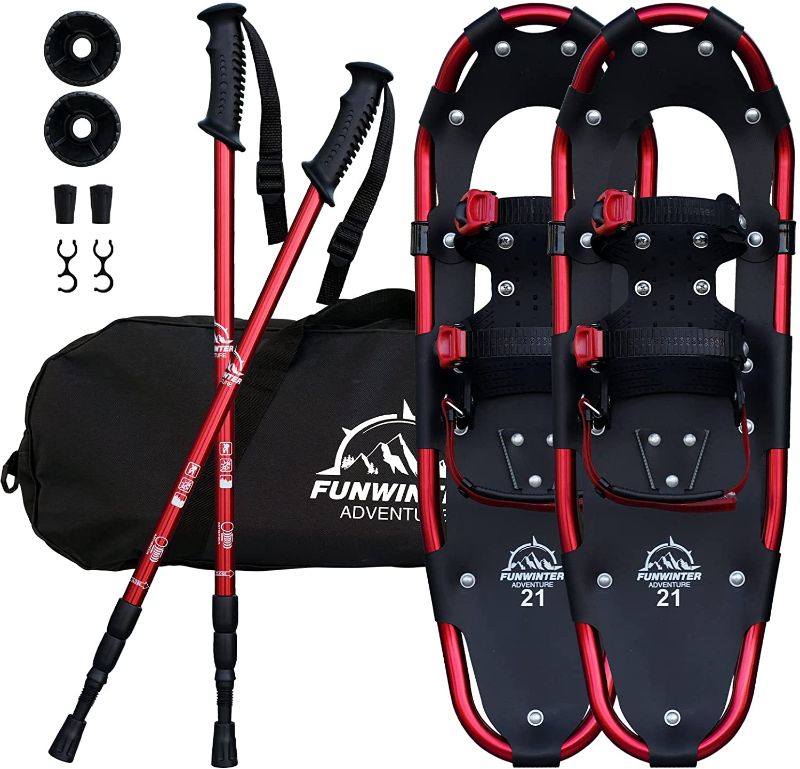Photo 1 of 25"/30" Terrian Lightweight Snowshoes+Adults Men Women Youth Trail Snow Shoes+Waterproof Leg Gaiters +Anti-Shock Adjustable Trekking Poles Snowshoeing +Free Carrying Bag 30 inch RED