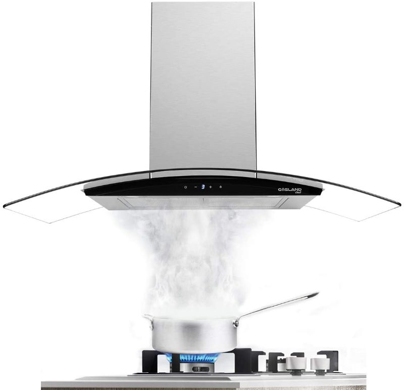 Photo 1 of 36" Range Hood, GASLAND Chef GR36SS Curved Glass Stainless Steel Wall Mount Range Hood, 3 Speed 450 CFM Ducted Kitchen Hood with LED Lights, Sensor Touch Control, Convertible Chimney, Aluminum Filter
