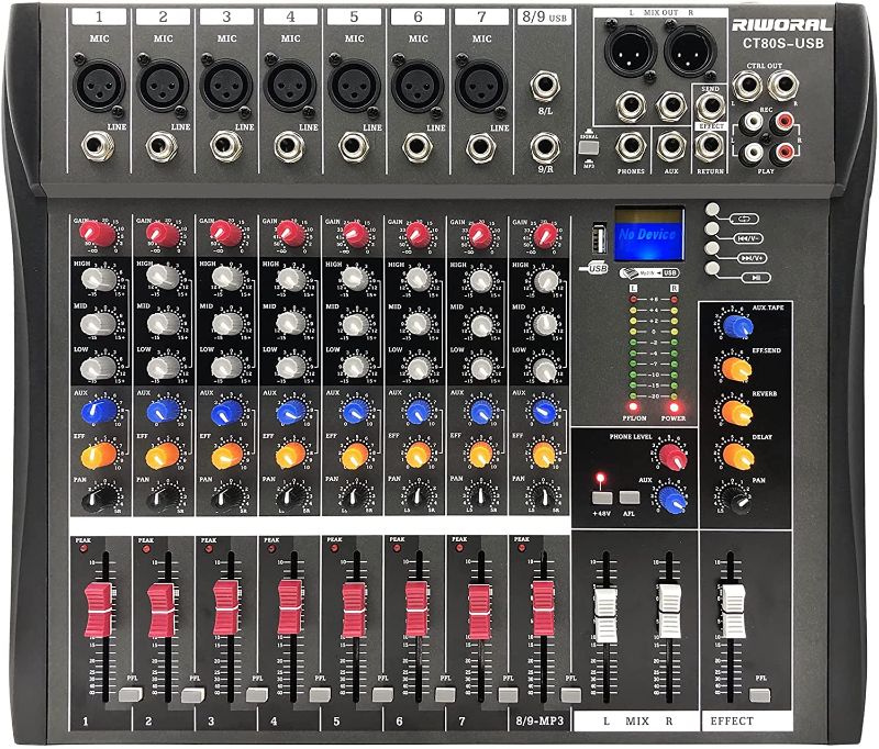 Photo 1 of 8 input Channels Professional Audio Mixer, Sound Board Console Reverb Effect USB Audio Interface, Digital Display, BT, 48V Phantom Power CT80S
