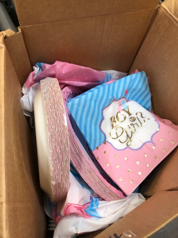 Photo 1 of DECORLIFE Gender Reveal Party Supplies Serves 24, Includes Gender Reveal Plates and Napkins, 54" x 108" Tablecloth, Boy or Girl Banner for Party Decorations, Total 150PCS
DAMAGED BOX