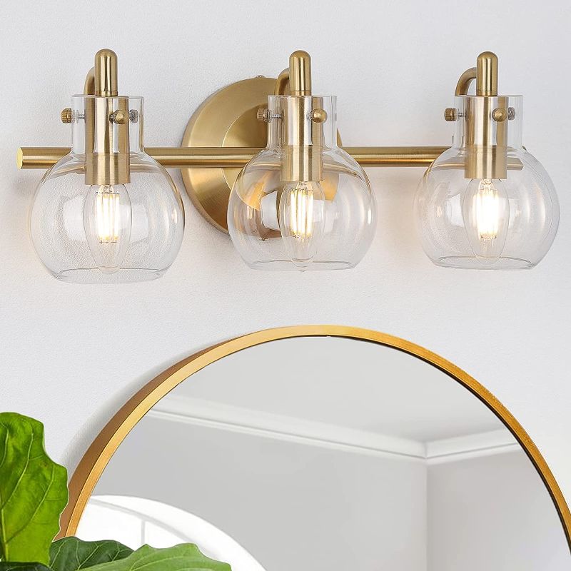 Photo 1 of FOLKSMATE Bathroom Vanity Light Fixtures, Modern 3 Lights Wall Sconce Lighting Gold, Farmhouse Metal Wall Lamp with Globe Glass Shade, Porch Wall Mount Light Fixture for Mirror Cabinets Hallway Stairs
