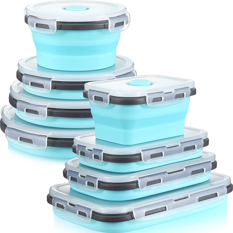 Photo 1 of 8 Pieces Collapsible Food Storage Containers Foldable Silicone Lunch Containers with Lids, 4 Pcs Silicone Rectangle Collapsible Bowls and 4 Pcs Round Food Bowls, Microwave Freezer and Dishwasher Safe
