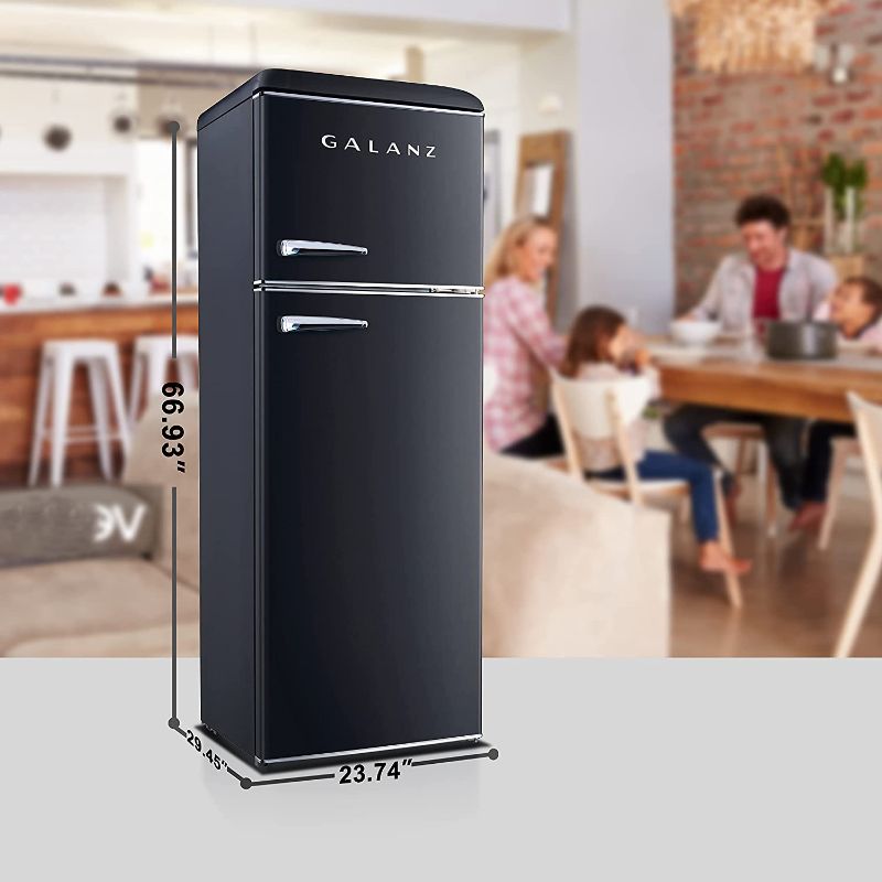 Photo 1 of Galanz GLR12TBKEFR Refrigerator, Dual Door Fridge, Adjustable Electrical Thermostat Control with Top Mount Freezer Compartment, Retro Black, 12.0 Cu Ft
