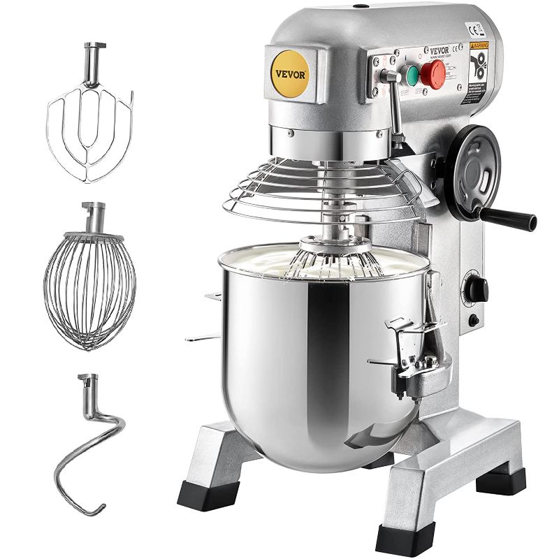 Photo 1 of VEVOR Commercial Food Mixer, 30Qt Commercial Mixer with Timing Function, 1100W Stainless Steel Bowl Heavy Duty Electric Food Mixer Commercial with 3 Speeds Adjustable 108/199/382 RPM, Dough Hook Whisk Beater Included, Perfect for Bakery Pizzeria
