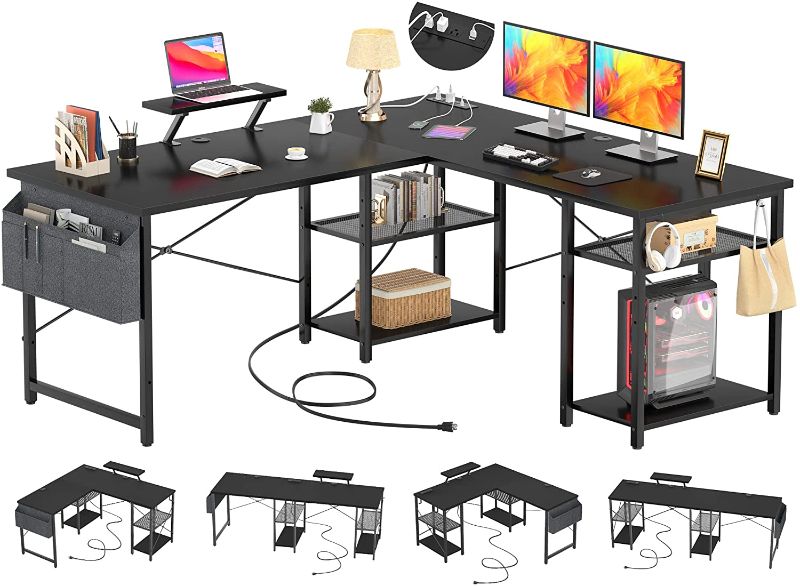 Photo 1 of Aheaplus L Shaped Desk with Outlet and USB Charging Port, L-Shaped Desk with Storage Shelves Reversible Corner Computer Industrial 2 Person Long Table with Monitor Stand Gaming Home Office Desk, Black