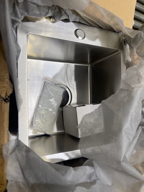 Photo 1 of 15" X 17" X 8" STAINLESS STEEL BRUSHED TOP MOUNT SINK, DENTED FRONT 