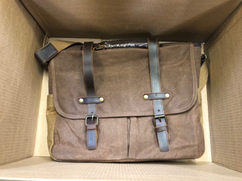 Photo 2 of Mens Messenger Bag 15.6 Inch Waterproof Vintage Genuine Leather Waxed Canvas Briefcase Large Satchel Shoulder Bag Rugged Leather Computer Laptop Bag, Brown