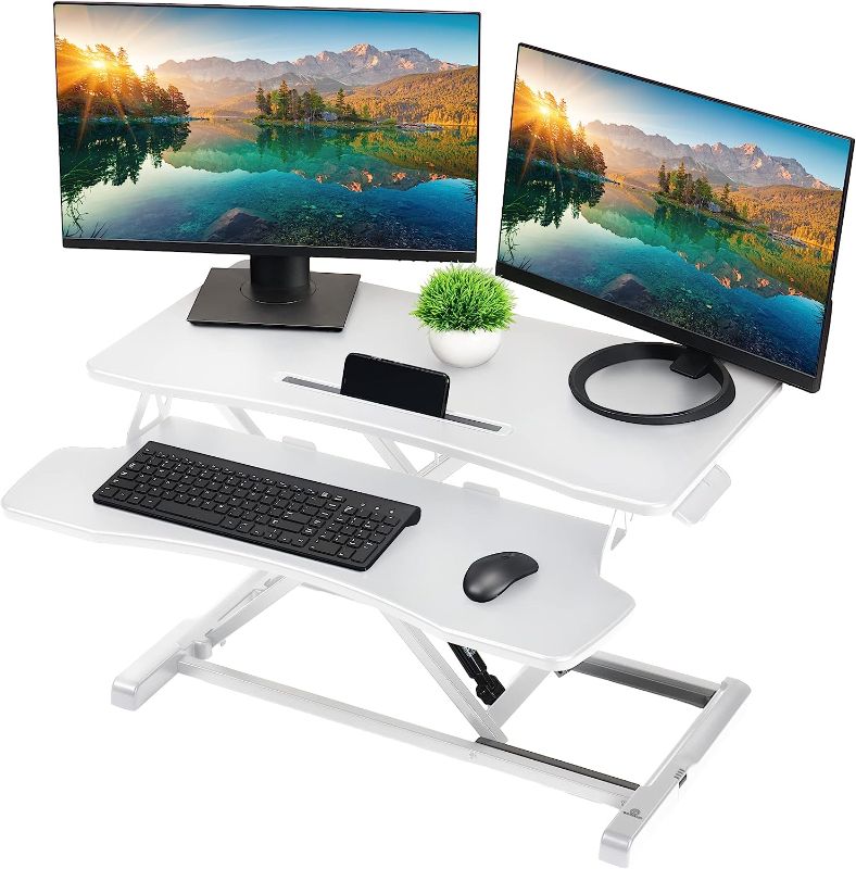 Photo 1 of TechOrbits Standing Desk Converter - 32 Inch Adjustable Sit to Stand Up Desk Workstation, MDF Wood, Ergonomic Desk Riser with Keyboard Tray, Desktop Riser for Home Office Computer Laptop, White 32"
