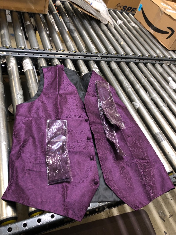 Photo 2 of Alizeal Mens Paisley Suit Vest, Self-tied Bow Tie, 3.35inch(8.5cm) Necktie and Pocket Square Set Plum Purple Large