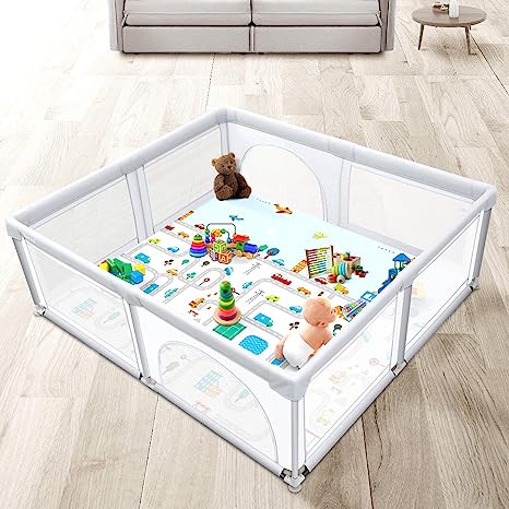 Photo 1 of Baby Playpen Large Play Pens for Babies and Toddlers, Infants Playpen Gate Kids Safety Play Yard (Light Gray)