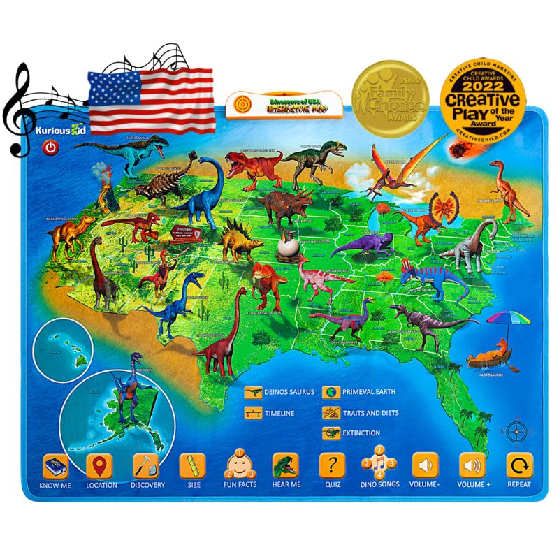 Photo 1 of Kurious Kid USA Interactive Dinosaur Map Poster for Kids - SEALED Educational Games, Songs, and Learning Activities Wall Chart Toy - Dino Gifts for Toddlers, Boys and Girls Ages 3-12