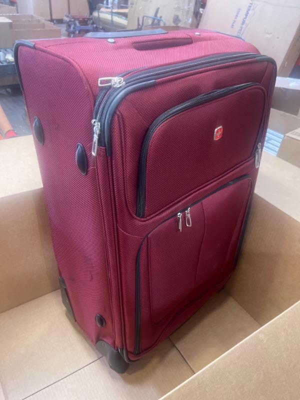 Photo 1 of 28" LARGE RED SWISS LUGGAGE, TEAR IN FABRIC 