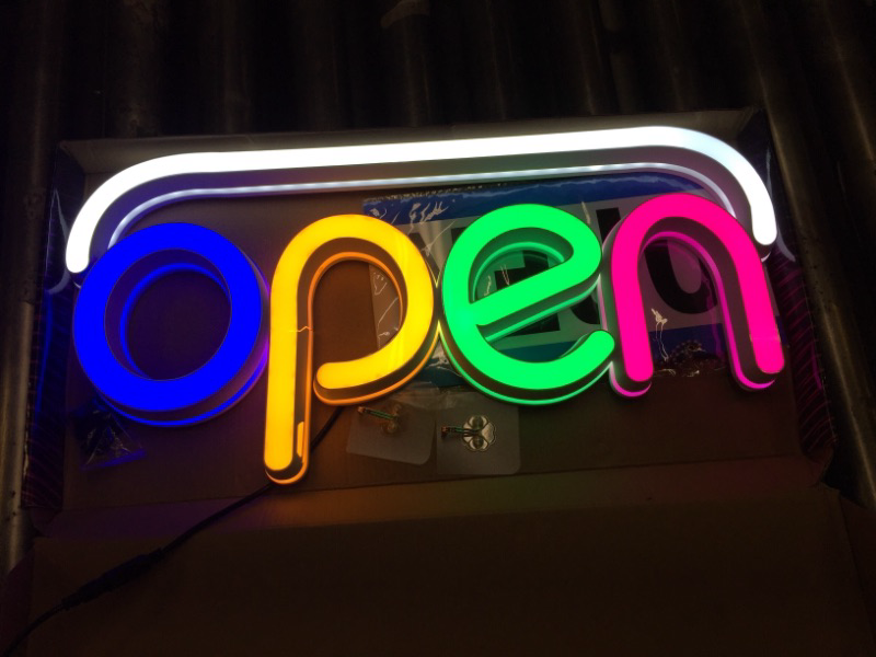 Photo 2 of Anrookie LED Open Signs for business, 19.7x9 Inch neon open sign large Static Display or Flashing Mode, Ideal for Restaurant, Bar, Salon and More, Remote Control, with Open/Close Sign (Multicolor)