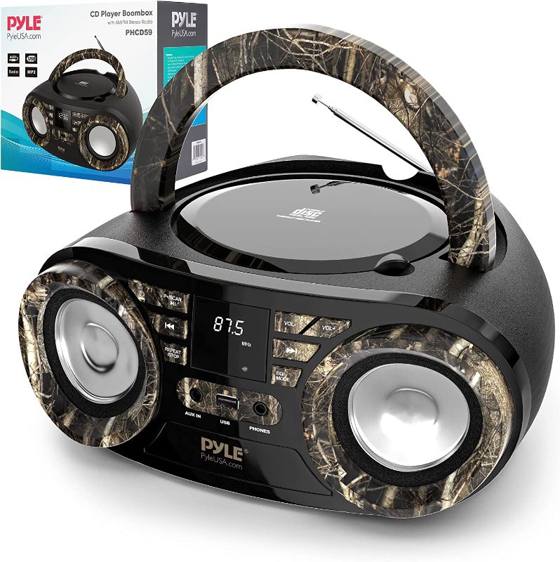 Photo 1 of Portable CD Player Bluetooth Boombox Speaker - AM/FM Stereo Radio & Audio Sound, Supports CD-R-RW/MP3/WMA, USB, AUX, Headphone, LED Display, AC/Battery Powered, Real Tree - Pyle PHCD55
