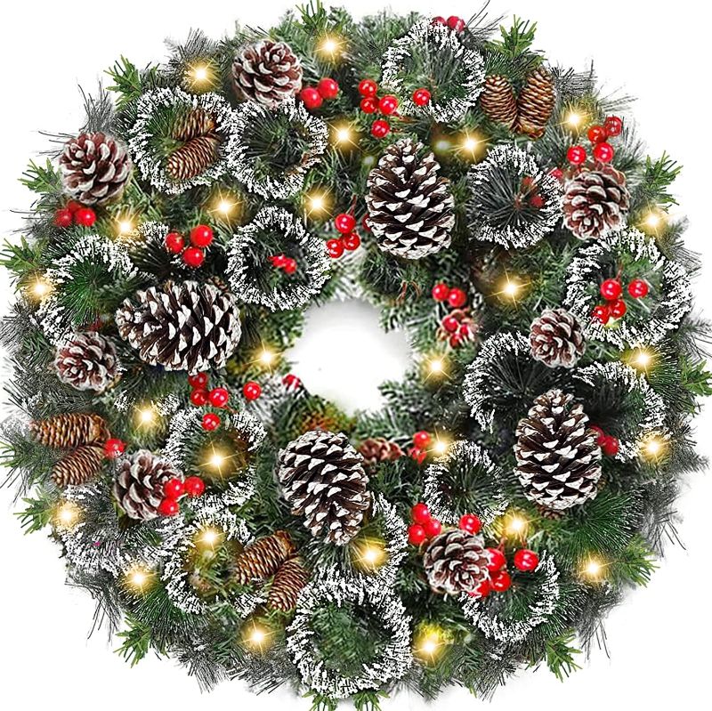 Photo 1 of 26 Inch Super Large Snowy Prelit Christmas Wreath Decor 80 Warm White Lights Timer Battery Operated Thick 220 Tips 80 Red Berries 24 Bristle Xmas Wreath for Front Door Indoor Outdoor Wall Decorations
