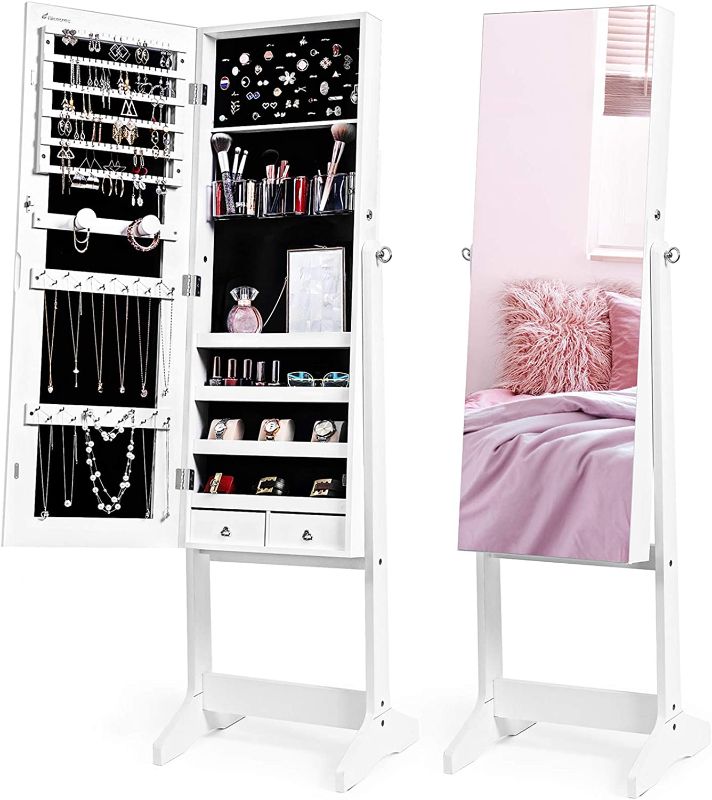 Photo 1 of Nicetree Jewelry Cabinet with Full-Length Mirror, Standing Lockable Jewelry Armoire Mirror Organizer, 3 Angel Adjustable, White
