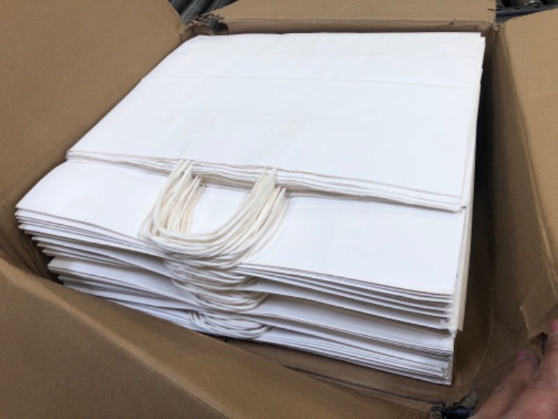 Photo 3 of 16x6x12 Inches 50Pcs White Kraft Paper Bags with Handles Bulk Paper Gift Bags, Shopping Bags, Grocery Bags, Mechandise Bags, Party Bags, 100% Recyclable Large Paper Bags