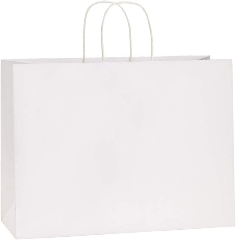 Photo 1 of 16x6x12 Inches 50Pcs White Kraft Paper Bags with Handles Bulk Paper Gift Bags, Shopping Bags, Grocery Bags, Mechandise Bags, Party Bags, 100% Recyclable Large Paper Bags