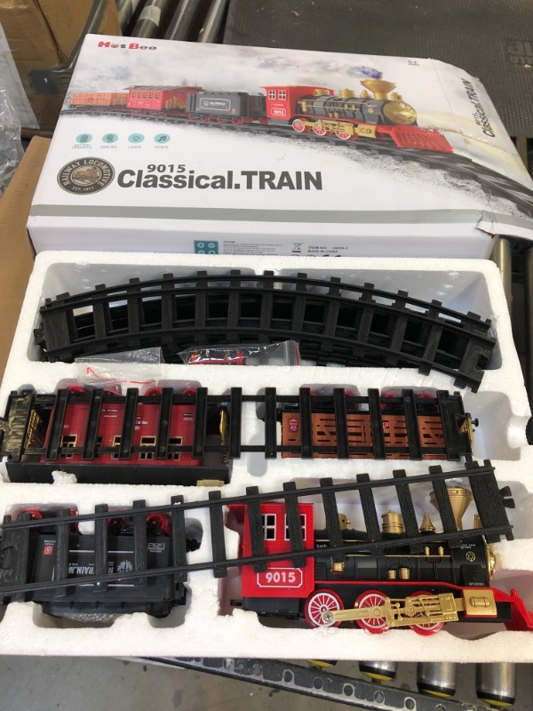 Photo 2 of Hot Bee Train Set - Electric Train Toy for Boys Girls w/ Smokes, Lights & Sound, Railway Kits w/ Steam Locomotive Engine, Cargo Cars & Tracks, Christmas Gifts for 3 4 5 6 7 8+ year old Kids Red