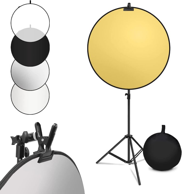Photo 1 of LimoStudio 32" 5-in-1 Disc Reflector, 5 Colors White, Black, Silver, Gold, Translucent, Photo Studio Light Stand, Clamp Clip Holder Light Stand Mount...
