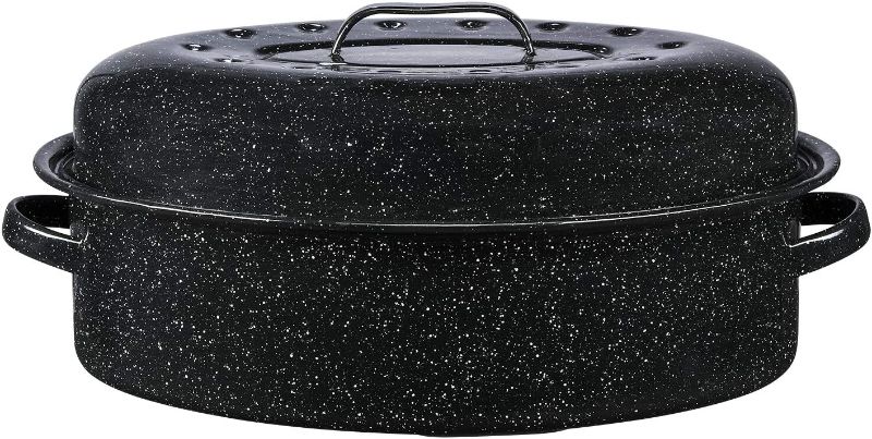 Photo 1 of (16 in.) Covered Oval Roaster, Speckled Black Enamel on Steel